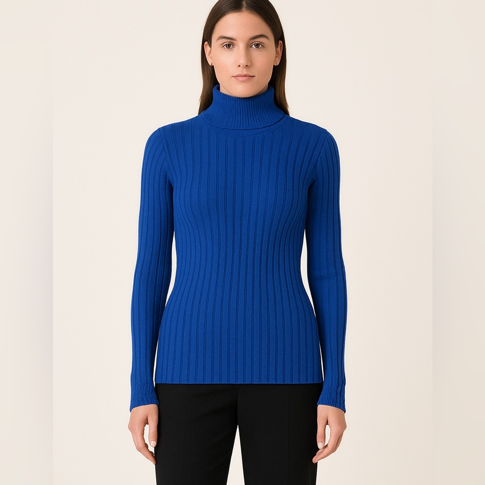 WHBM Blue Ribbed Turtleneck Sweater XL Rayon Nylon Stretch Long Sleeve NWT